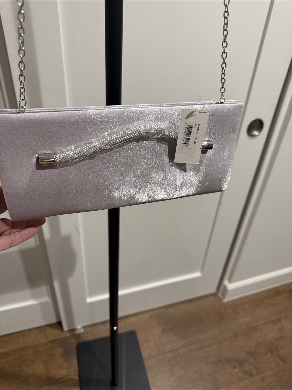 Jessica McClintock Iridescent Silver Satin Beaded Handle Clutch